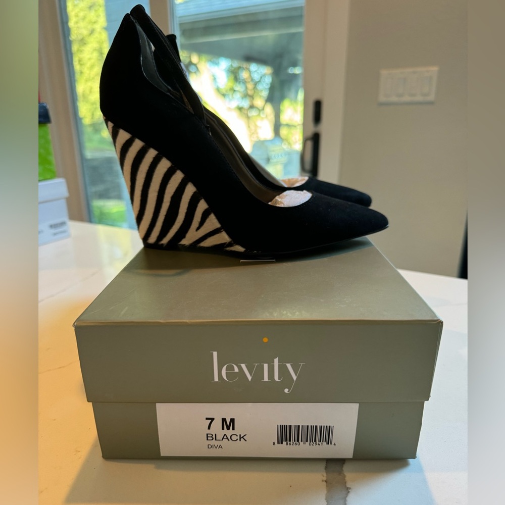Levity Diva, black suede with Zebra calf hair  wedge Sz 7